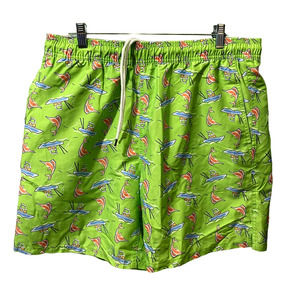 SERO Swim Trunks Men L Retro Sailfish Marlin Boating Print Casual Lined Green